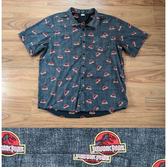 Universal Other - Jurassic Park Mens Button Short Sleeve Shirt Size XL Black All Over Print B6